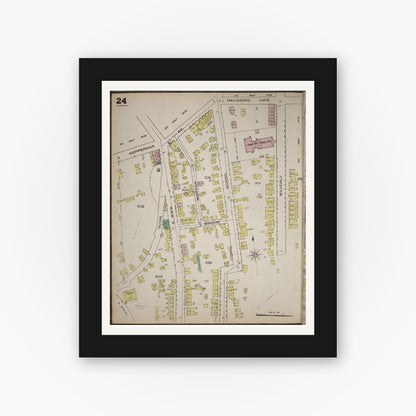 Old map wall art mockup — black gallery frame with white mat — Sanborn Fire Insurance Map from Yonkers, Westchester County, New York (1886), Sheet #0024