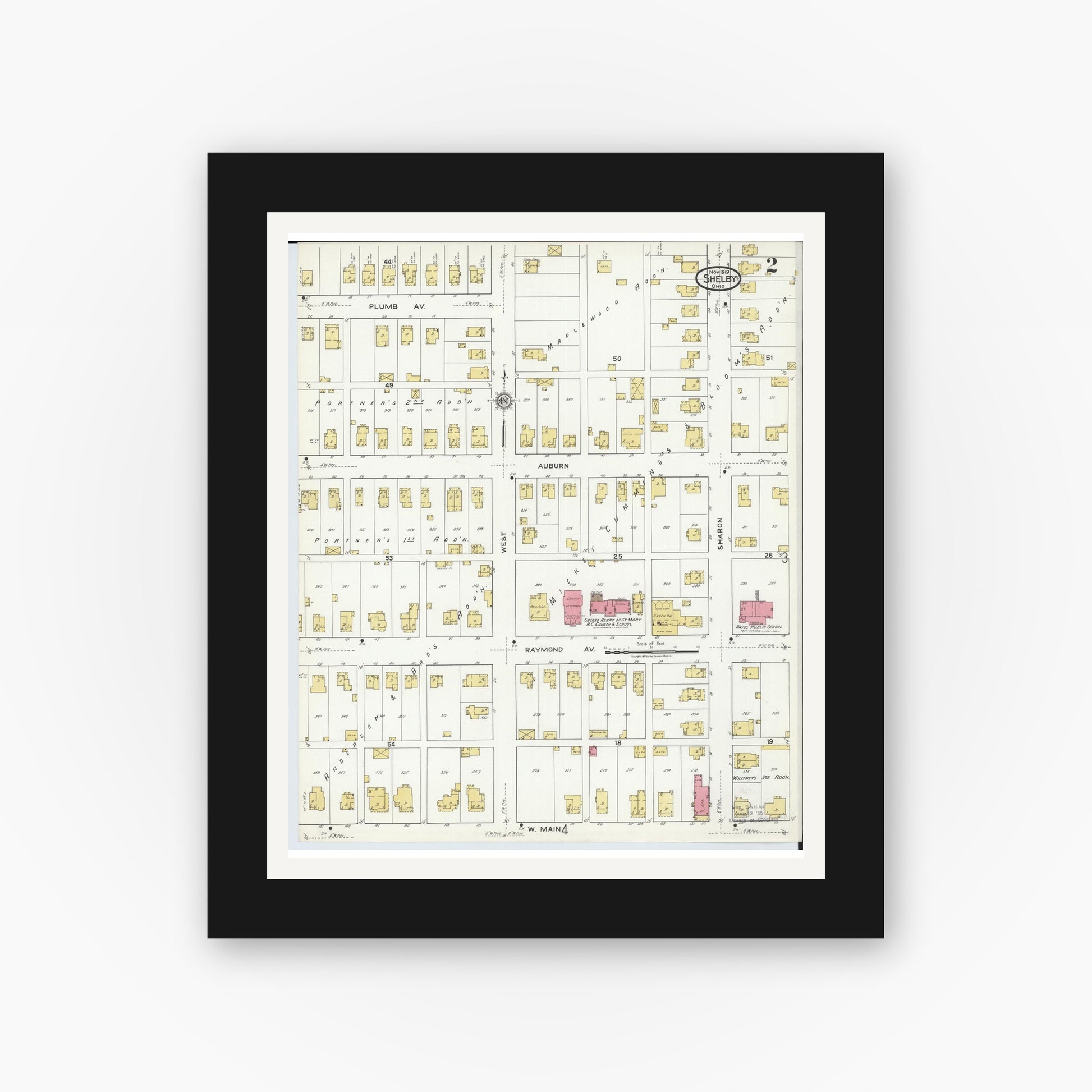 Old map wall art mockup — black gallery frame with white mat — Sanborn Fire Insurance Map from Shelby, Richland County, Ohio (1919), Sheet #0002