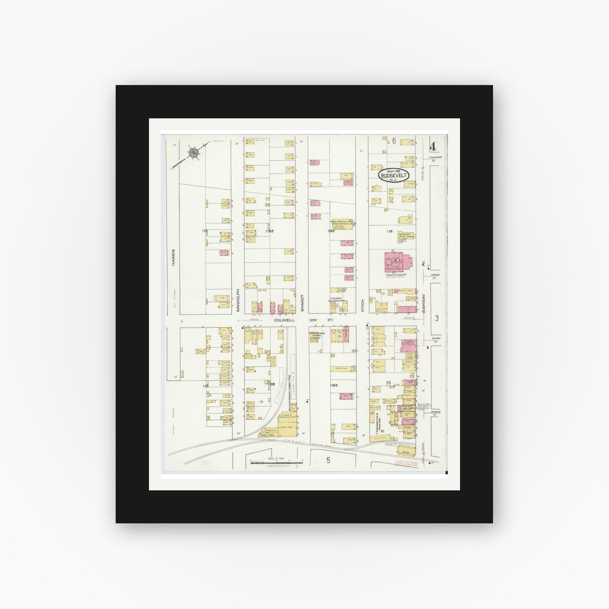 Old map wall art mockup — black gallery frame with white mat — Sanborn Fire Insurance Map from Roosevelt, Middlesex County, New Jersey (1916), Sheet #0004