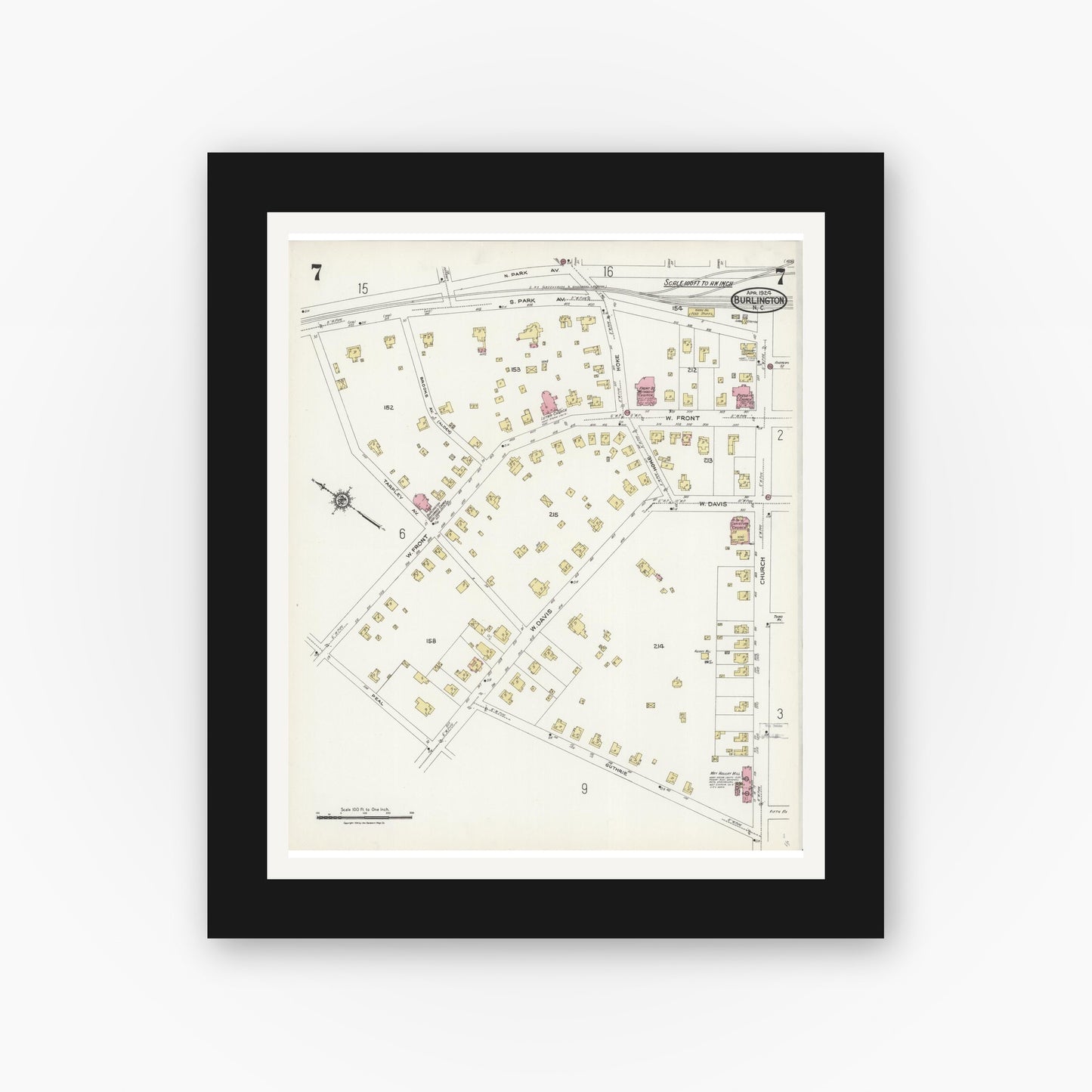 Old map wall art mockup — black gallery frame with white mat — Sanborn Fire Insurance Map from Burlington, Alamance County, North Carolina (1924), Sheet #0007