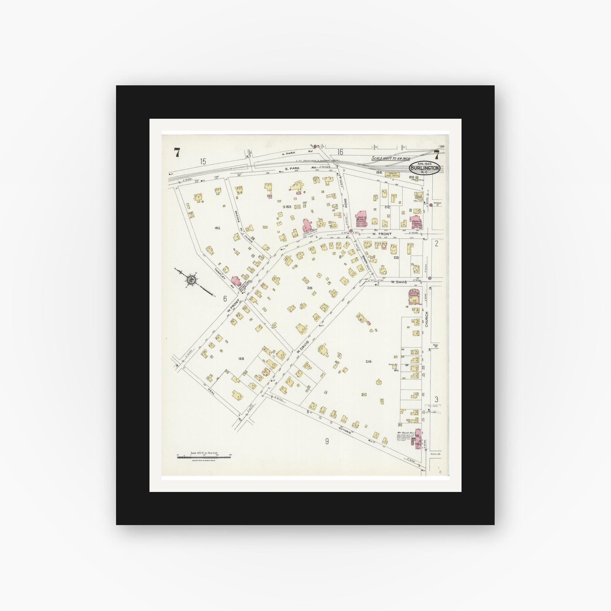 Old map wall art mockup — black gallery frame with white mat — Sanborn Fire Insurance Map from Burlington, Alamance County, North Carolina (1924), Sheet #0007