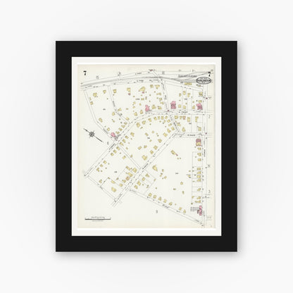 Old map wall art mockup — black gallery frame with white mat — Sanborn Fire Insurance Map from Burlington, Alamance County, North Carolina (1924), Sheet #0007