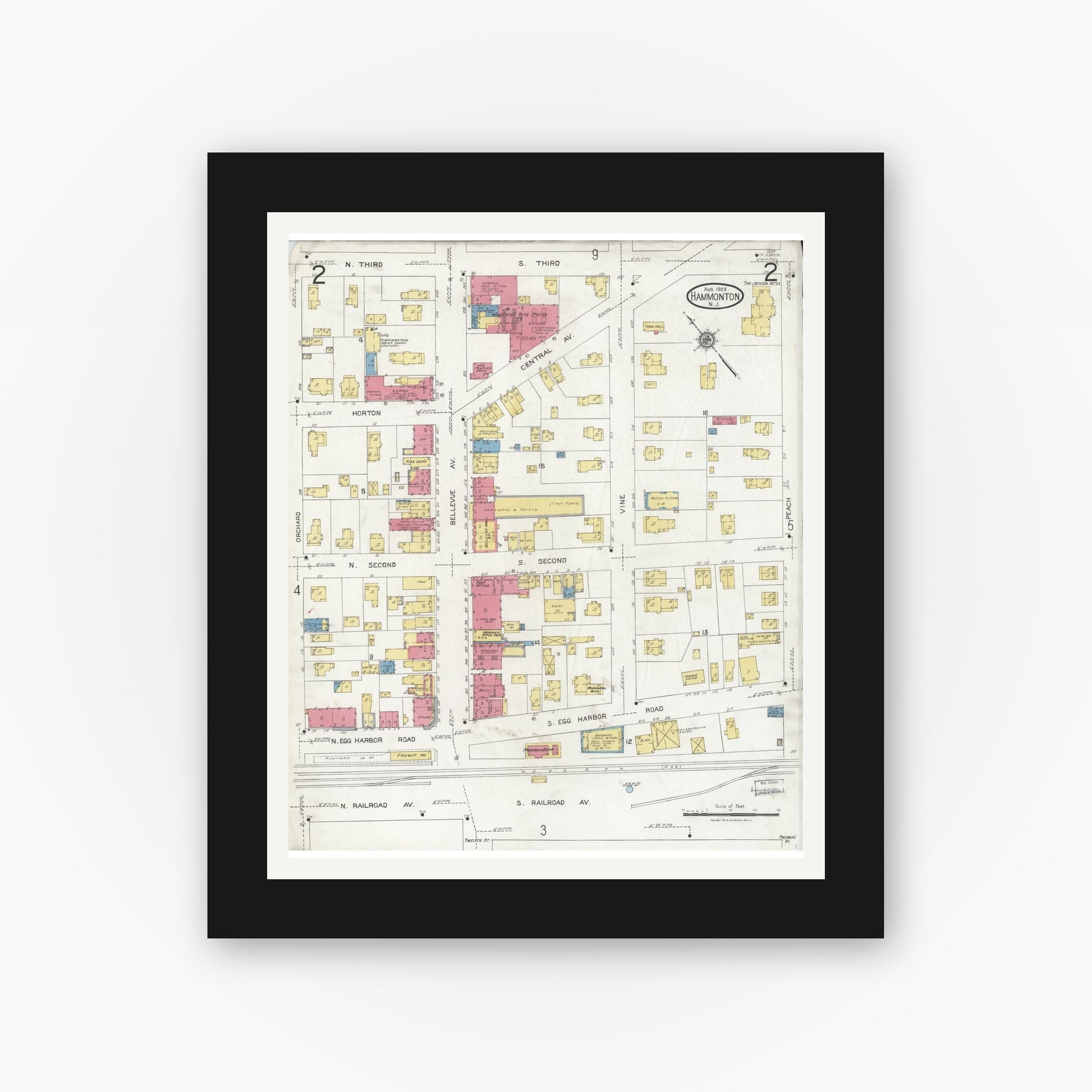 Old map wall art mockup — black gallery frame with white mat — Sanborn Fire Insurance Map from Hammonton, Atlantic County, New Jersey (1923), Sheet #0002
