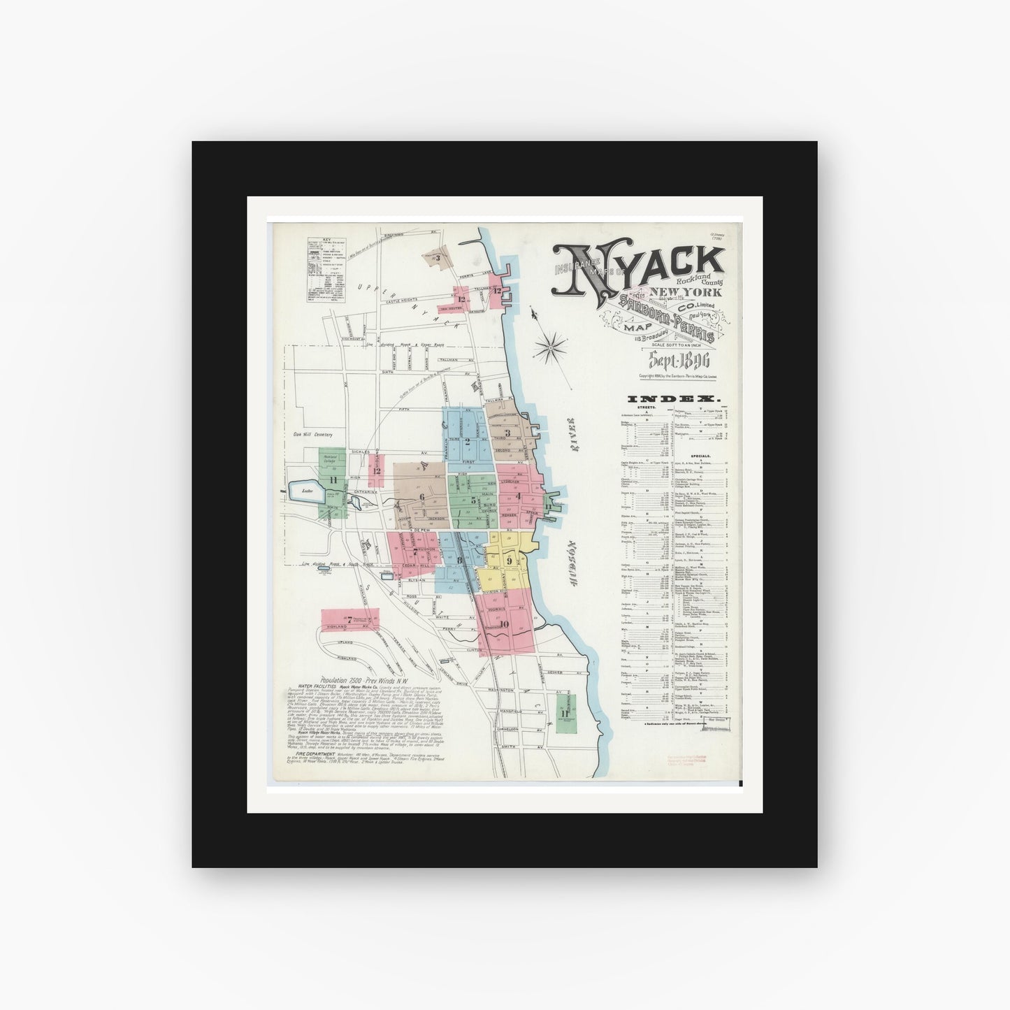 Old map wall art mockup — black gallery frame with white mat — Sanborn Fire Insurance Map from Nyack, Rockland County, New York. (1896), Sheet #0000