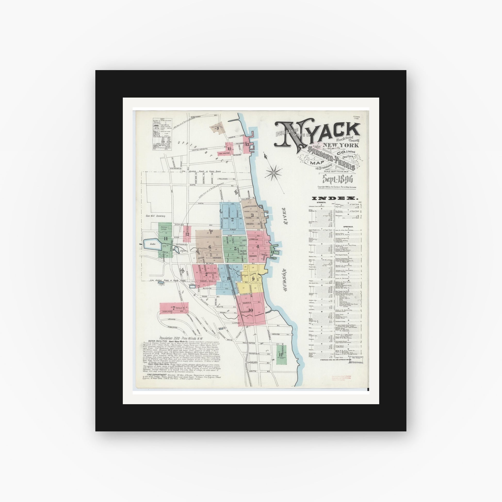 Old map wall art mockup — black gallery frame with white mat — Sanborn Fire Insurance Map from Nyack, Rockland County, New York. (1896), Sheet #0000