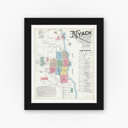Old map wall art mockup — black gallery frame with white mat — Sanborn Fire Insurance Map from Nyack, Rockland County, New York. (1896), Sheet #0000