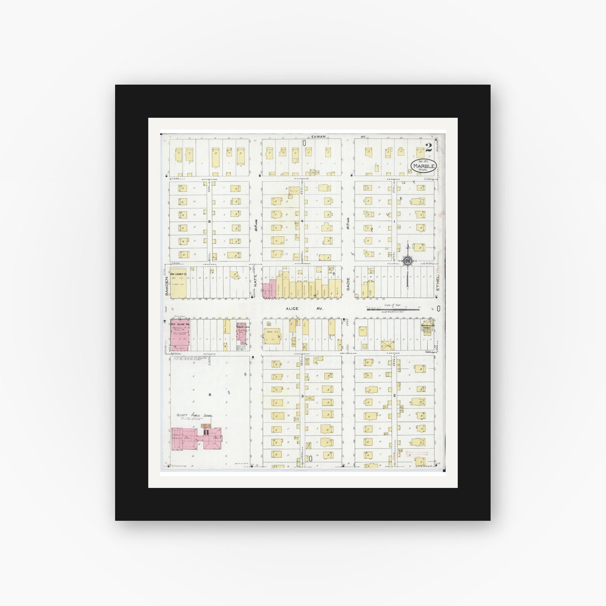 Old map wall art mockup — black gallery frame with white mat — Sanborn Fire Insurance Map from Marble, Itasca County, Minnesota (1921), Sheet #0002