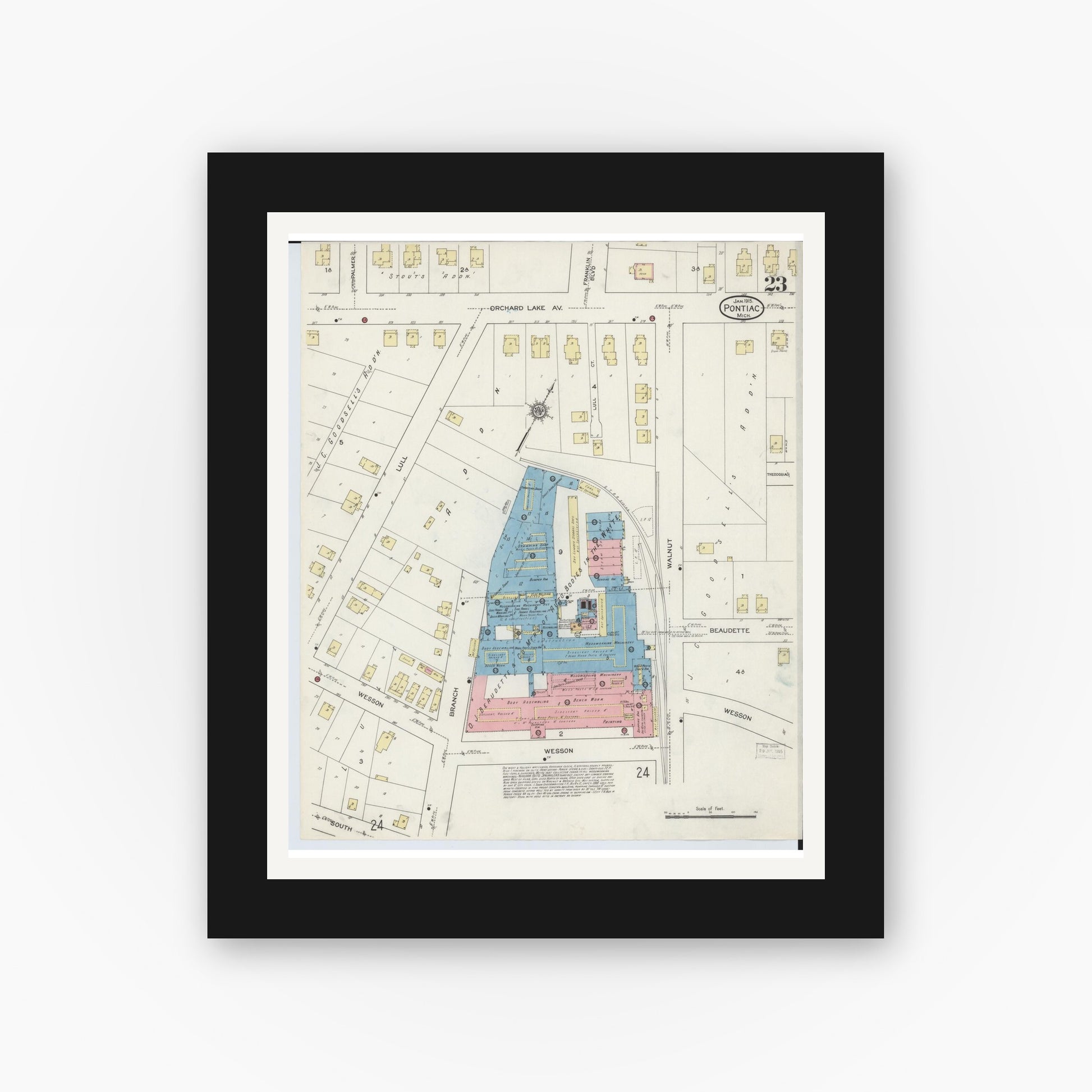 Old map wall art mockup — black gallery frame with white mat — Sanborn Fire Insurance Map from Pontiac, Oakland County, Michigan (1915), Sheet #0023