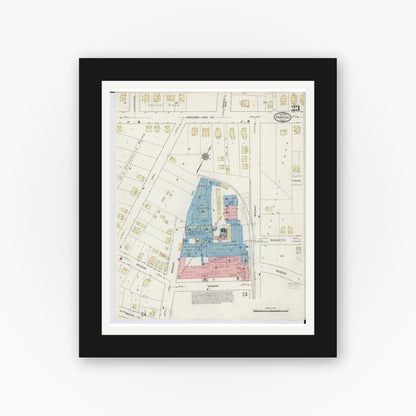 Old map wall art mockup — black gallery frame with white mat — Sanborn Fire Insurance Map from Pontiac, Oakland County, Michigan (1915), Sheet #0023