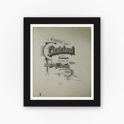 Old map wall art mockup — black gallery frame with white mat — Sanborn Fire Insurance Map from Cleveland, Cuyahoga County, Ohio (1933), Sheet #0001