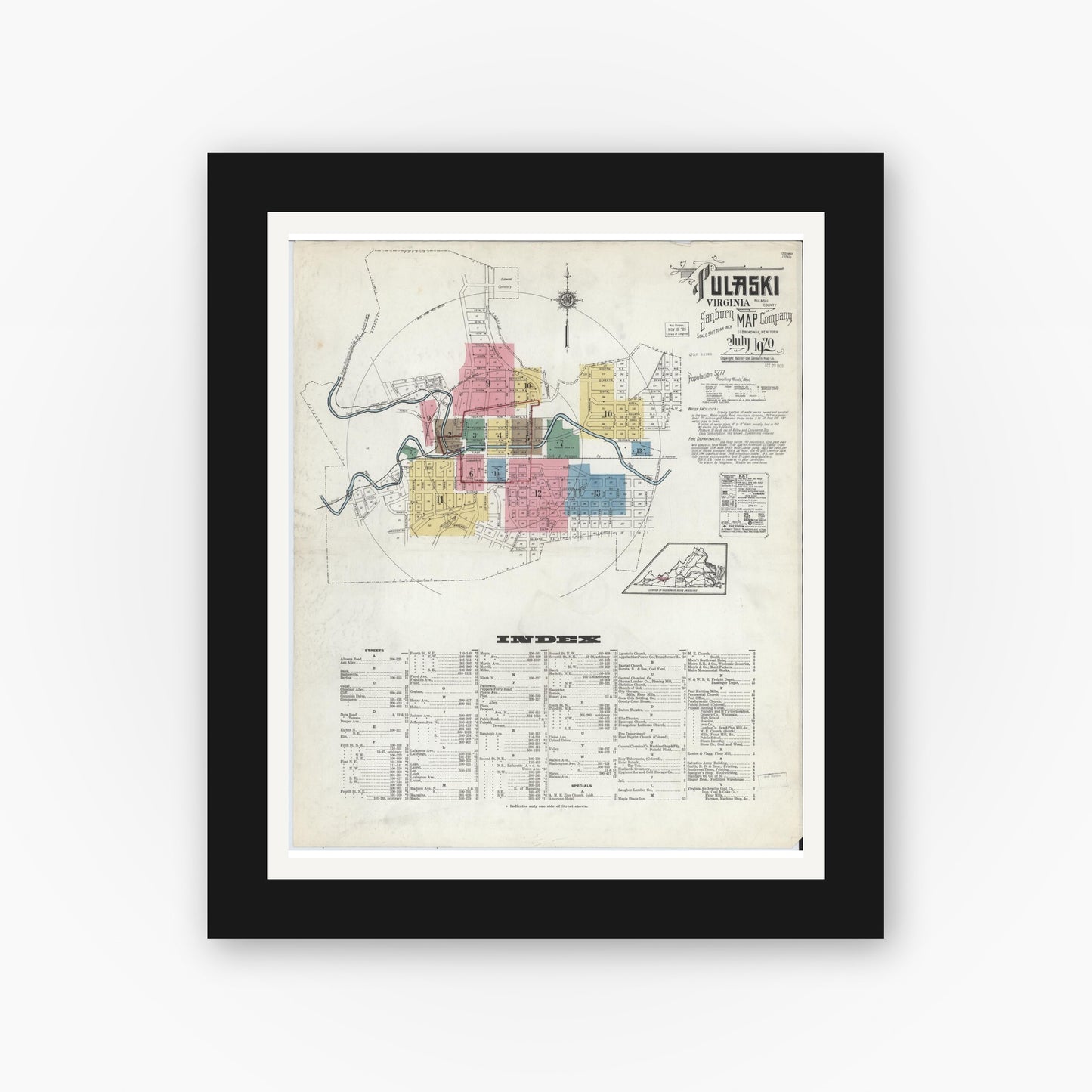 Old map wall art mockup — black gallery frame with white mat — Sanborn Fire Insurance Map from Pulaski, Pulaski County, Virginia (1920) - Complete Map Set