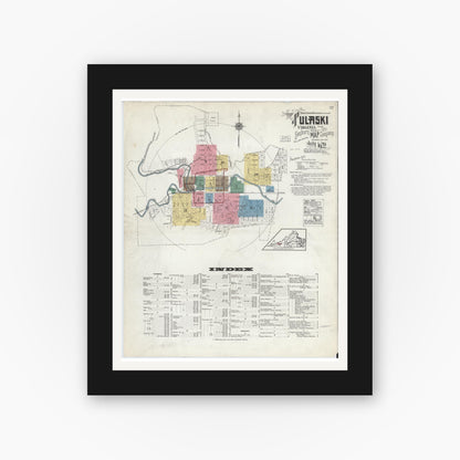 Old map wall art mockup — black gallery frame with white mat — Sanborn Fire Insurance Map from Pulaski, Pulaski County, Virginia (1920) - Complete Map Set