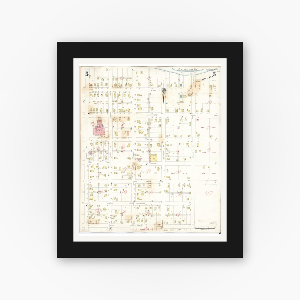Old map wall art mockup — black gallery frame with white mat — Sanborn Fire Insurance Map from Marengo, Iowa County, Iowa (1942), Sheet #0005