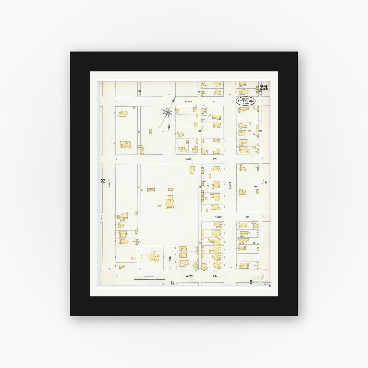 Old map wall art mockup — black gallery frame with white mat — Sanborn Fire Insurance Map from Texarkana, Bowie County, Texas (1905), Sheet #0023