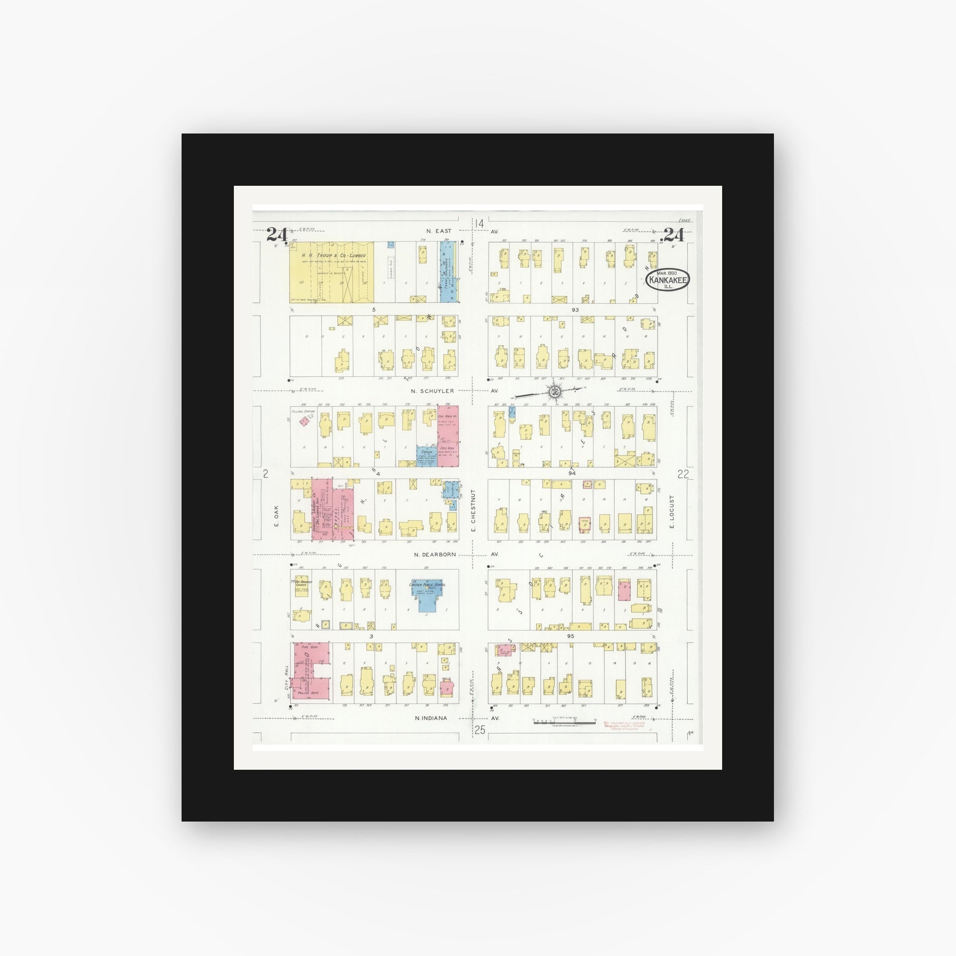 Old map wall art mockup — black gallery frame with white mat — Sanborn Fire Insurance Map from Kankakee, Kankakee County, Illinois (1930), Sheet #0024