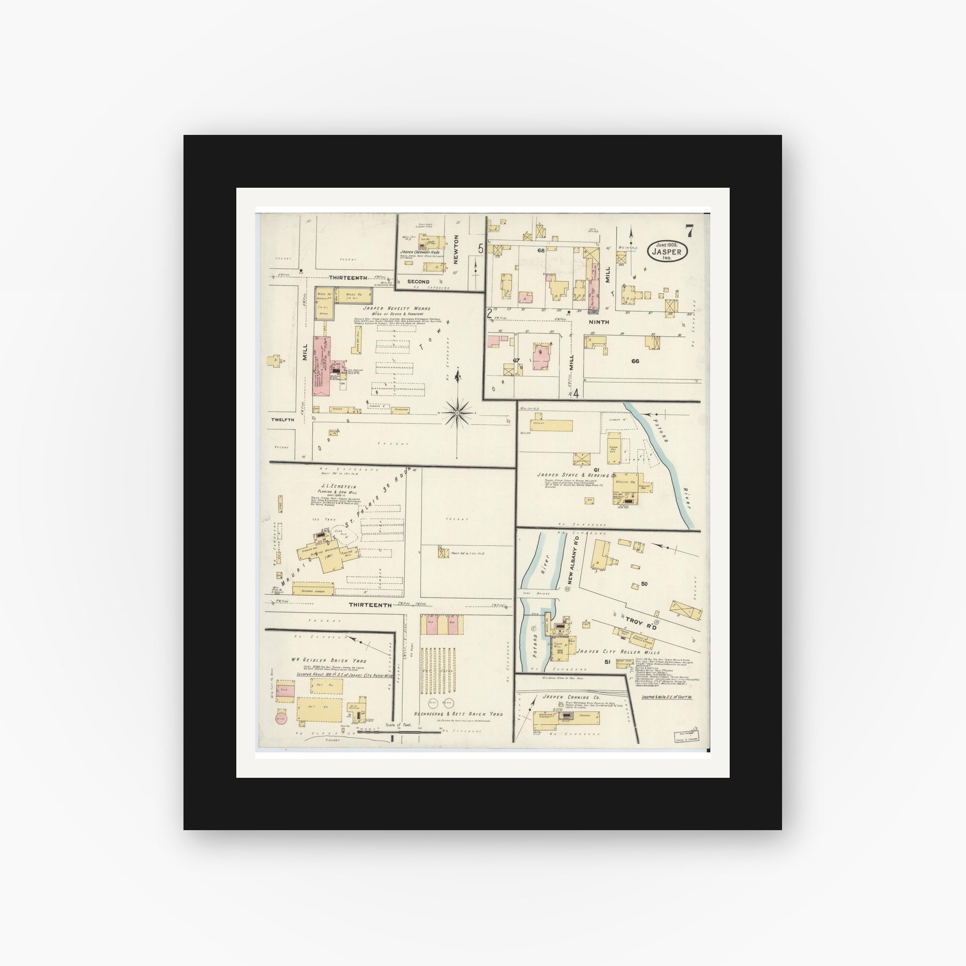 Old map wall art mockup — black gallery frame with white mat — Sanborn Fire Insurance Map from Jasper, Dubois County, Indiana (1909), Sheet #0007