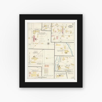 Old map wall art mockup — black gallery frame with white mat — Sanborn Fire Insurance Map from Jasper, Dubois County, Indiana (1909), Sheet #0007