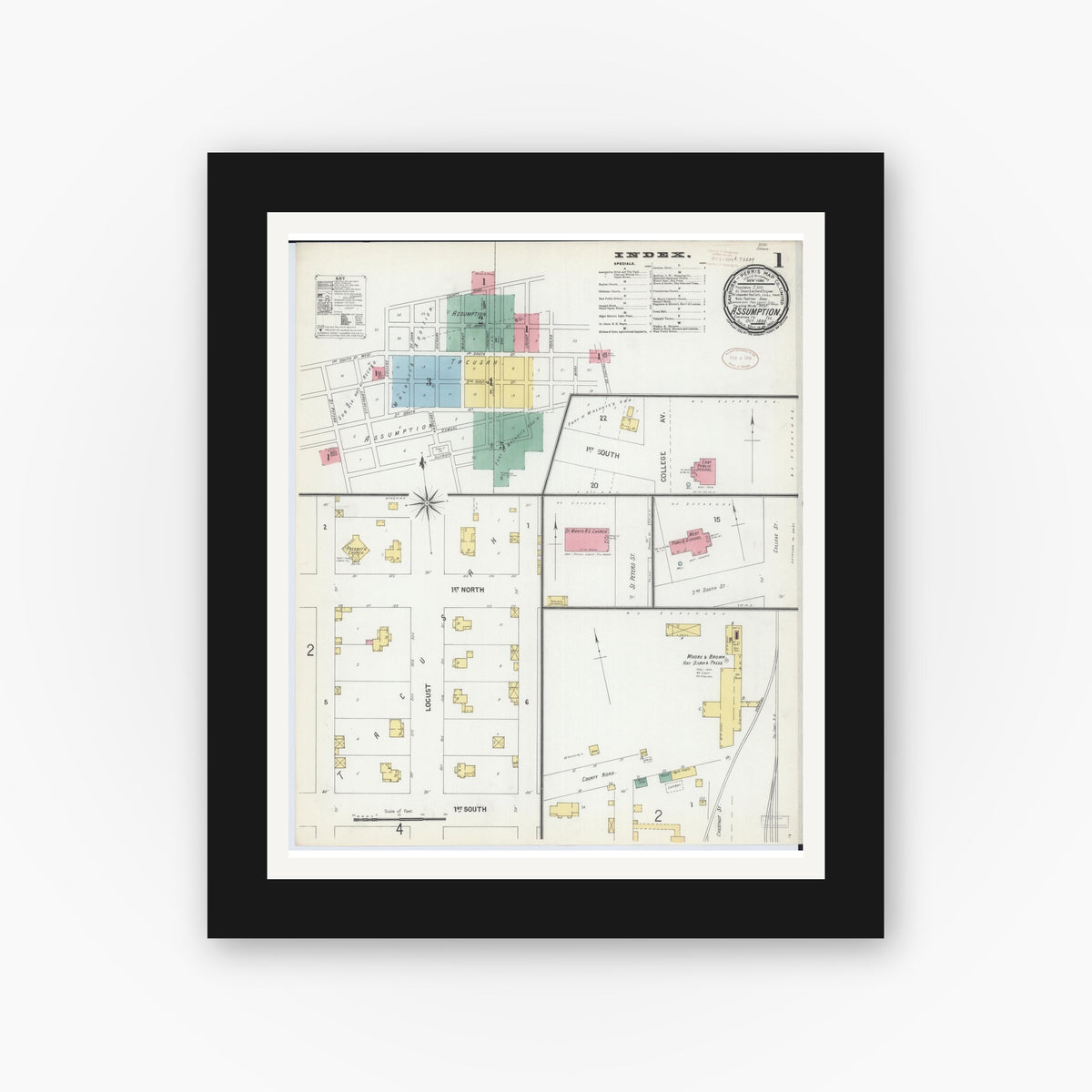 Old map wall art mockup — black gallery frame with white mat — Sanborn Fire Insurance Map from Assumption, Christian County, Illinois (1899) - Complete Map Set