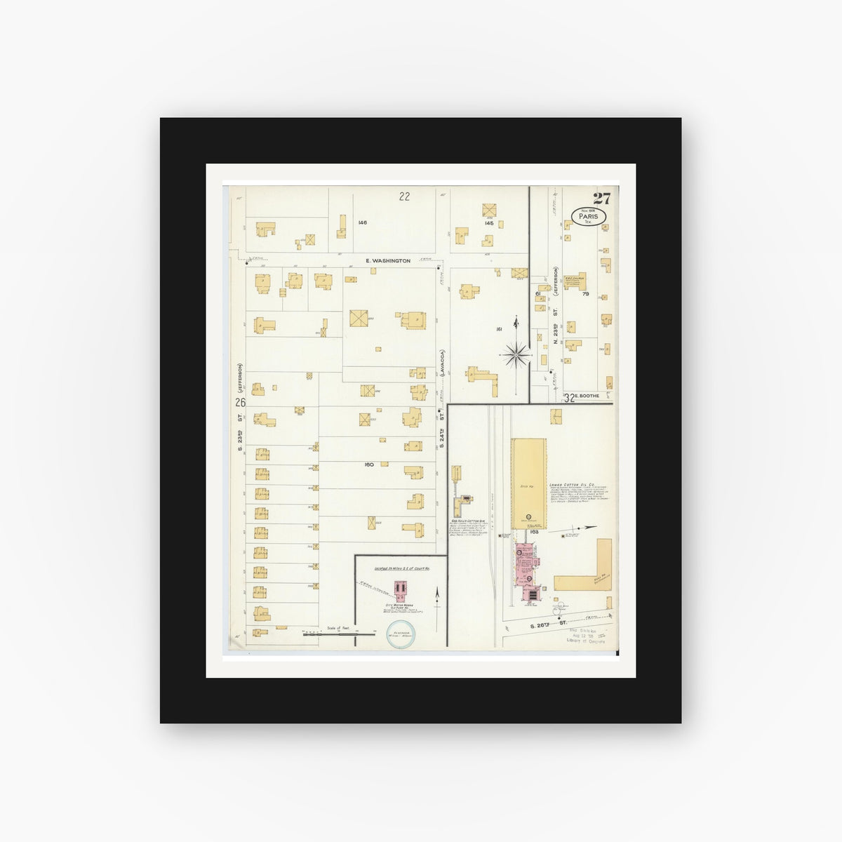 Old map wall art mockup — black gallery frame with white mat — Sanborn Fire Insurance Map from Paris, Lamar County, Texas (1908), Sheet #0027