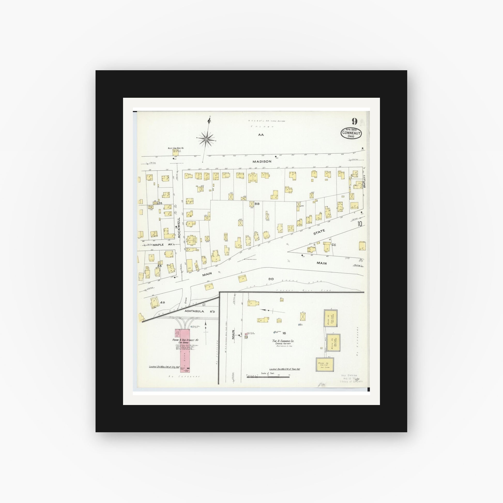 Old map wall art mockup — black gallery frame with white mat — Sanborn Fire Insurance Map from Conneaut, Ashtabula County, Ohio (1909), Sheet #0009