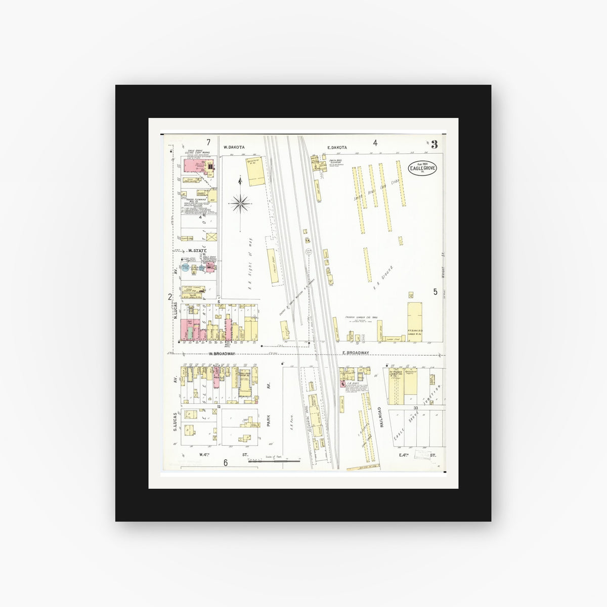 Old map wall art mockup — black gallery frame with white mat — Sanborn Fire Insurance Map from Eagle Grove, Wright County, Iowa (1900), Sheet #0003
