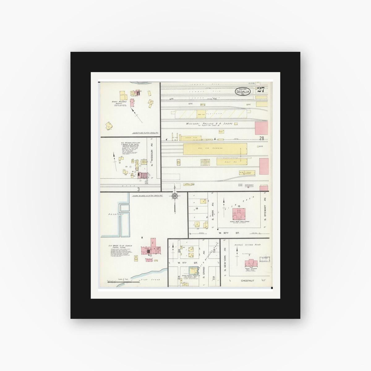 Old map wall art mockup — black gallery frame with white mat — Sanborn Fire Insurance Map from Sedalia, Pettis County, Missouri (1914), Sheet #0027