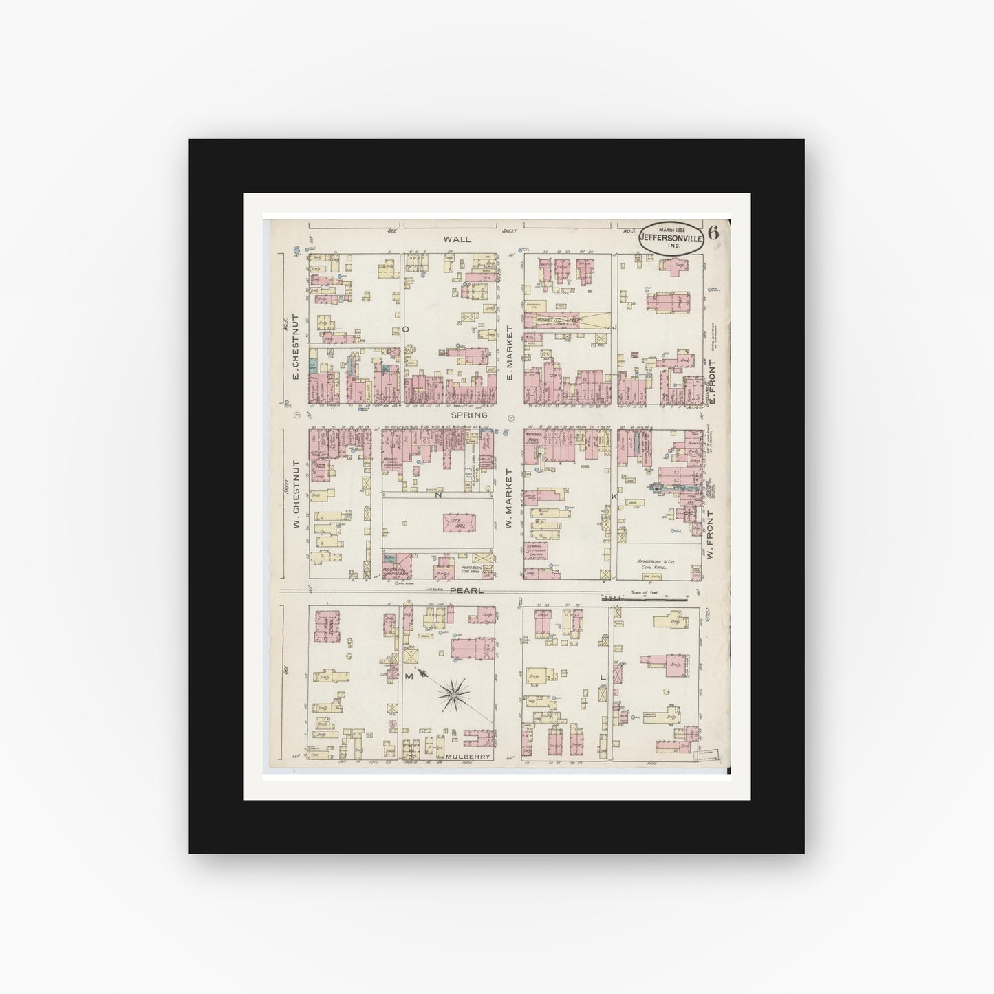 Old map wall art mockup — black gallery frame with white mat — Sanborn Fire Insurance Map from Jeffersonville, Clark County, Indiana (1886), Sheet #0006