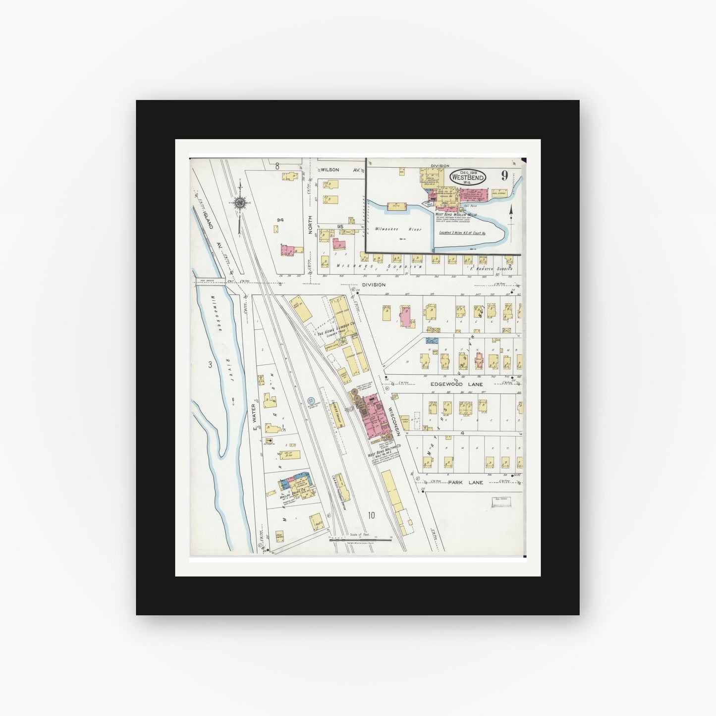 Old map wall art mockup — black gallery frame with white mat — Sanborn Fire Insurance Map from West Bend, Washington County, Wisconsin (1919), Sheet #0009