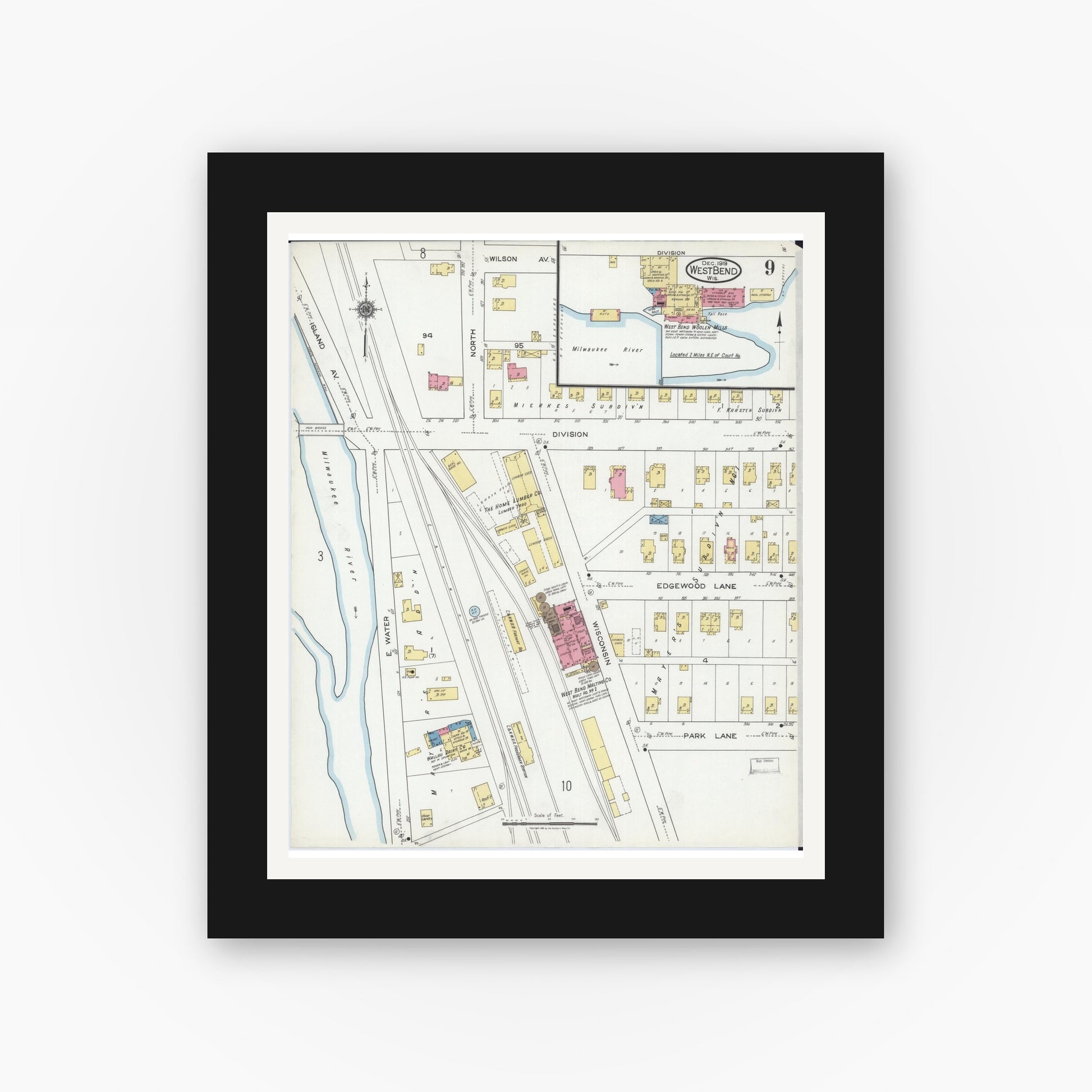 Old map wall art mockup — black gallery frame with white mat — Sanborn Fire Insurance Map from West Bend, Washington County, Wisconsin (1919), Sheet #0009