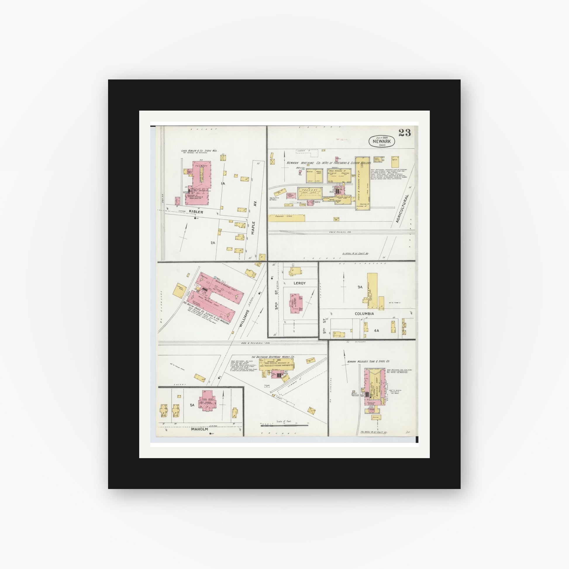 Old map wall art mockup — black gallery frame with white mat — Sanborn Fire Insurance Map from Newark, Licking County, Ohio (1899), Sheet #0023