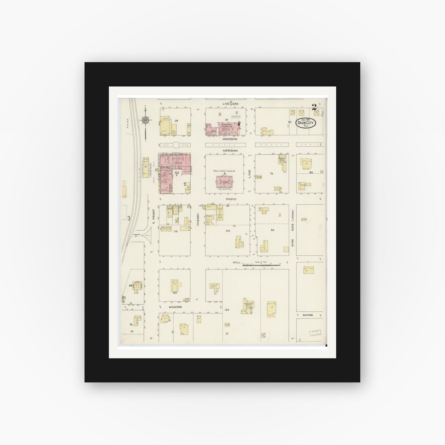 Old map wall art mockup — black gallery frame with white mat — Sanborn Fire Insurance Map from Dade City, Pasco County, Florida (1914), Sheet #0002
