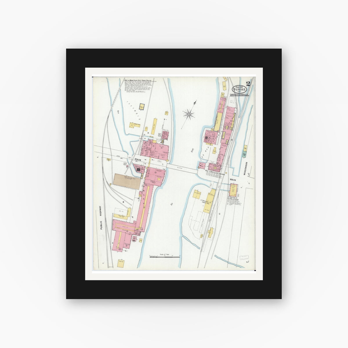 Old map wall art mockup — black gallery frame with white mat — Sanborn Fire Insurance Map from Dundee, Kane County, Illinois (1905), Sheet #0002