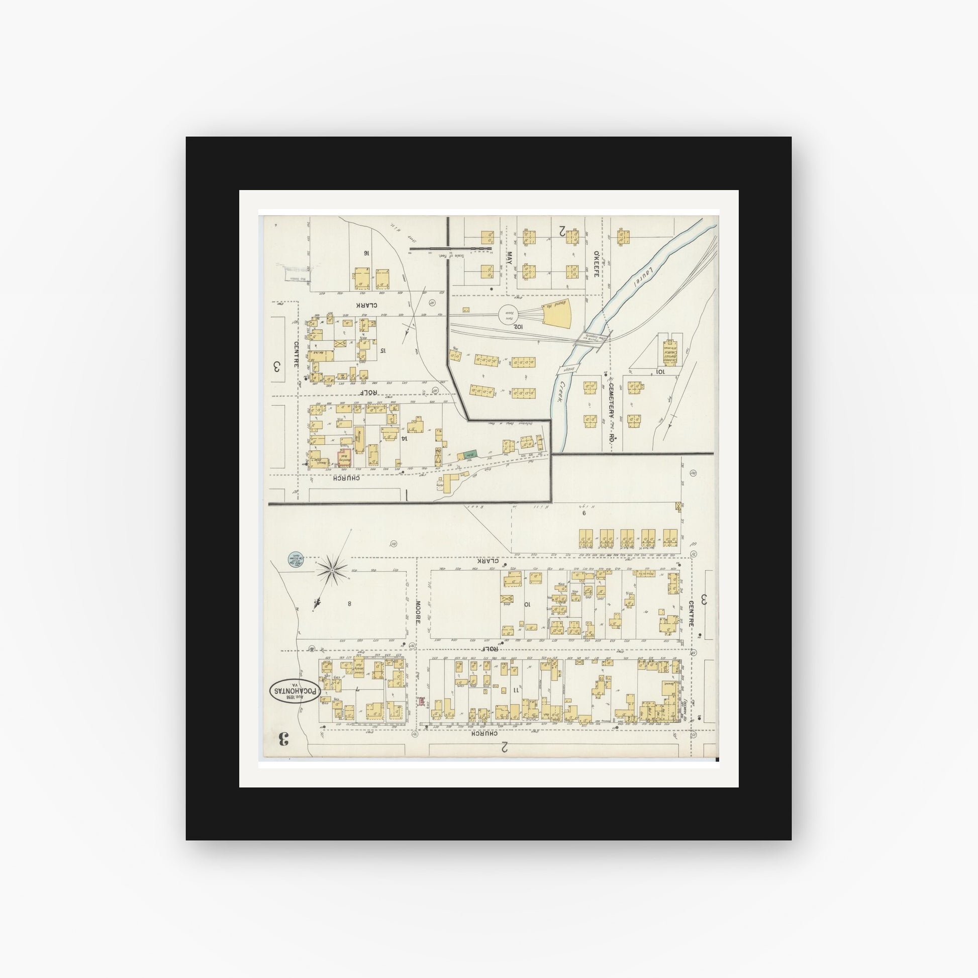 Old map wall art mockup — black gallery frame with white mat — Sanborn Fire Insurance Map from Pocahontas, Tazewell County, Virginia (1898), Sheet #0003