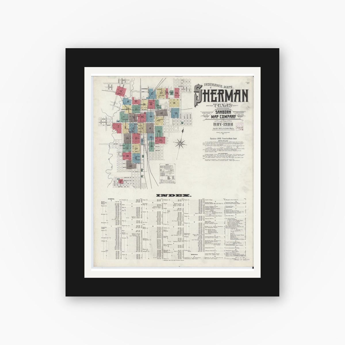 Old map wall art mockup — black gallery frame with white mat — Sanborn Fire Insurance Map from Sherman, Grayson County, Texas (1908), Sheet #0001