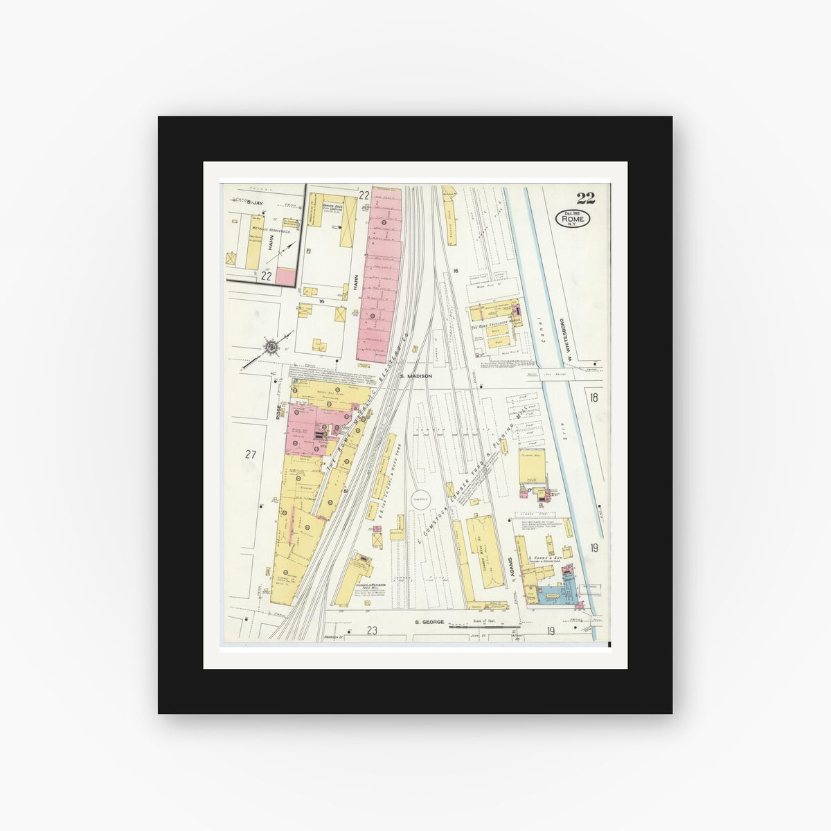 Old map wall art mockup — black gallery frame with white mat — Sanborn Fire Insurance Map from Rome, Oneida County, New York (1909), Sheet #0022