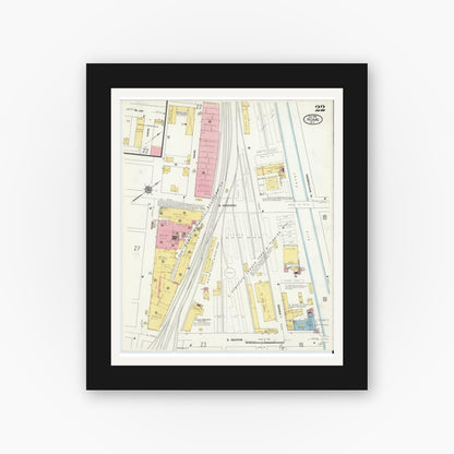 Old map wall art mockup — black gallery frame with white mat — Sanborn Fire Insurance Map from Rome, Oneida County, New York (1909), Sheet #0022