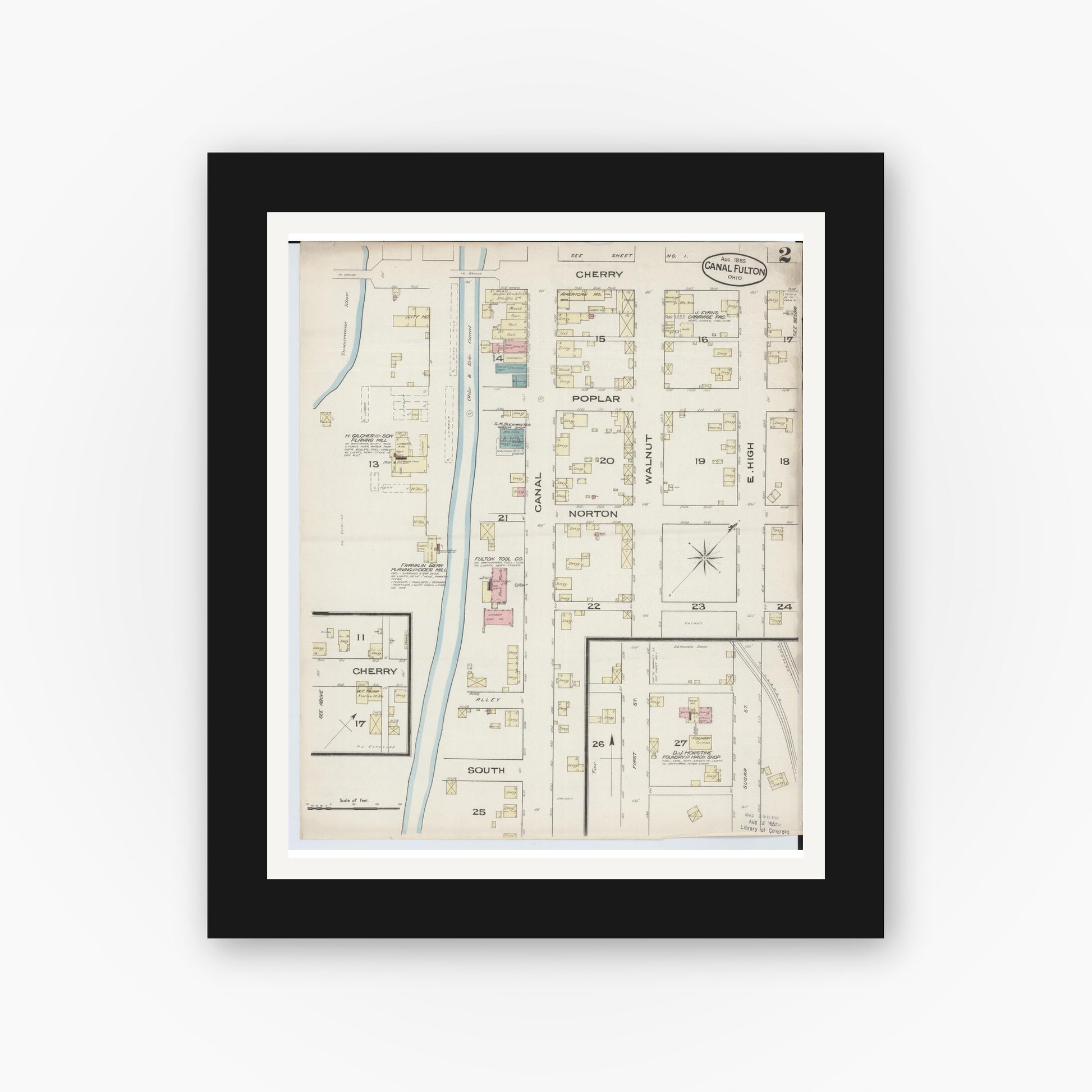 Old map wall art mockup — black gallery frame with white mat — Sanborn Fire Insurance Map from Canal Fulton, Stark County, Ohio (1885), Sheet #0002