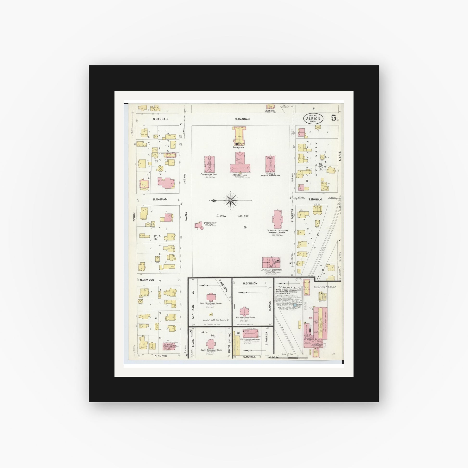 Old map wall art mockup — black gallery frame with white mat — Sanborn Fire Insurance Map from Albion, Calhoun County, Michigan (1907), Sheet #0005