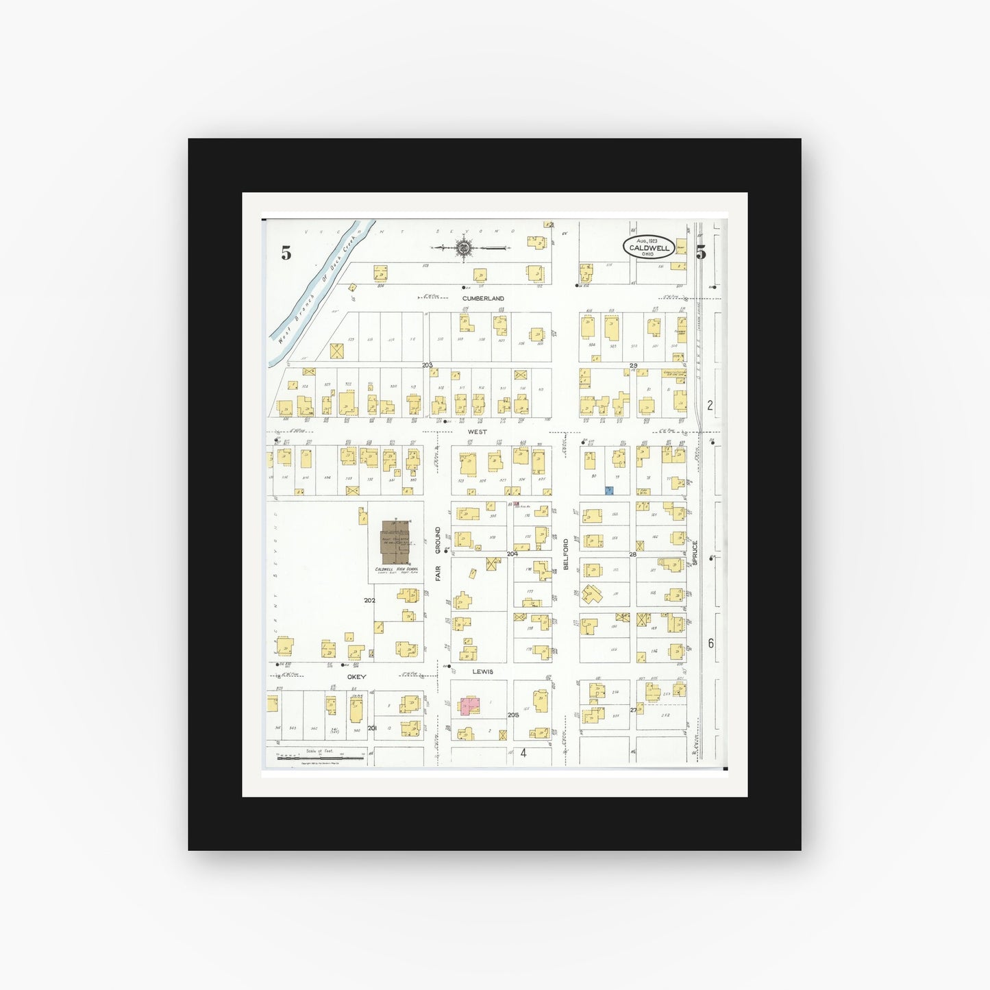Old map wall art mockup — black gallery frame with white mat — Sanborn Fire Insurance Map from Caldwell, Noble County, Ohio (1923), Sheet #0005