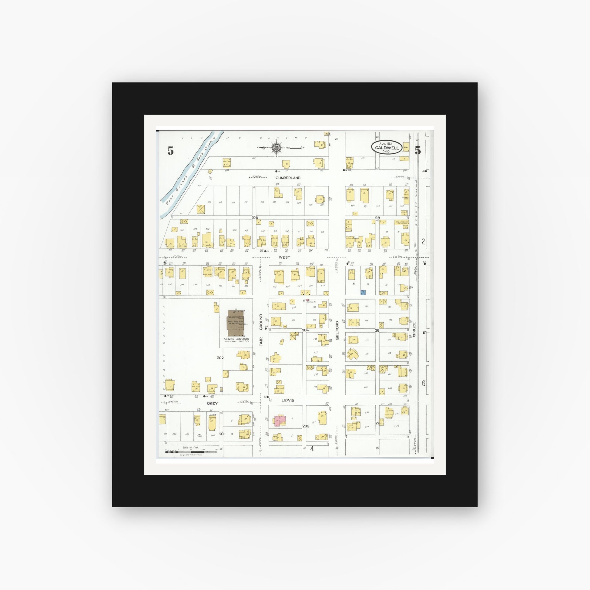 Old map wall art mockup — black gallery frame with white mat — Sanborn Fire Insurance Map from Caldwell, Noble County, Ohio (1923), Sheet #0005