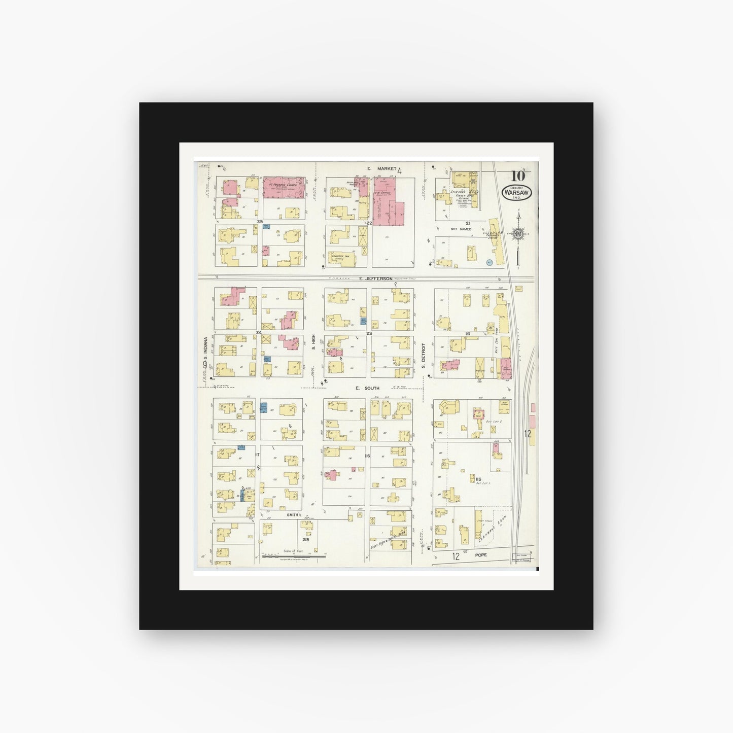 Old map wall art mockup — black gallery frame with white mat — Sanborn Fire Insurance Map from Warsaw, Kosciusko County, Indiana (1917), Sheet #0010