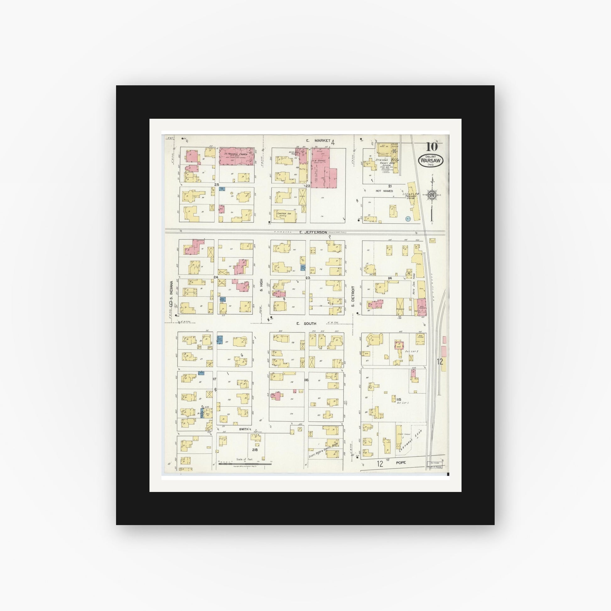 Old map wall art mockup — black gallery frame with white mat — Sanborn Fire Insurance Map from Warsaw, Kosciusko County, Indiana (1917), Sheet #0010
