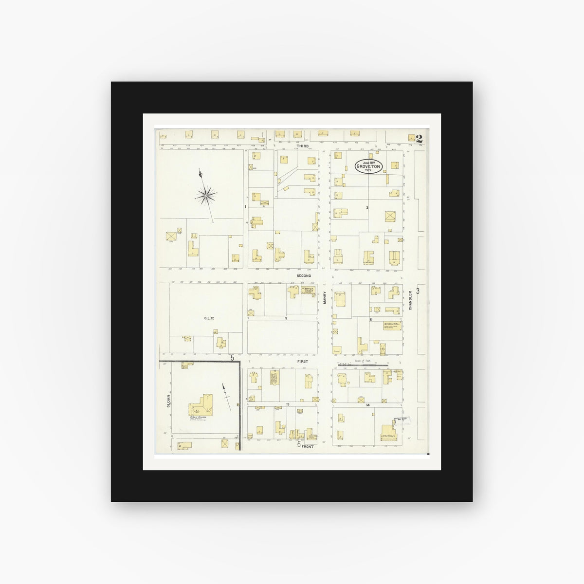 Old map wall art mockup — black gallery frame with white mat — Sanborn Fire Insurance Map from Groveton, Trinity County, Texas (1907), Sheet #0002