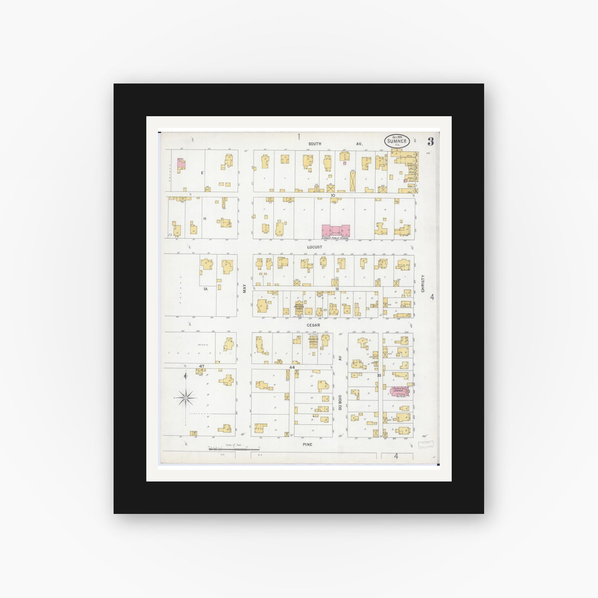 Old map wall art mockup — black gallery frame with white mat — Sanborn Fire Insurance Map from Sumner, Lawrence County, Illinois (1899), Sheet #0003