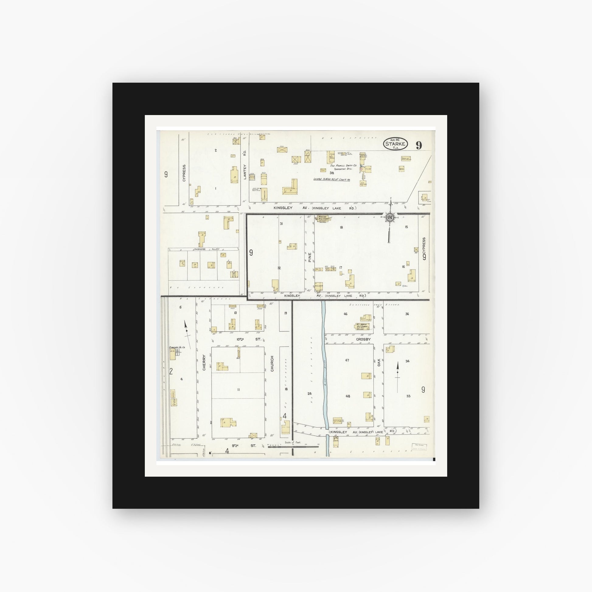 Old map wall art mockup — black gallery frame with white mat — Sanborn Fire Insurance Map from Starke, Bradford County, Florida (1912), Sheet #0009