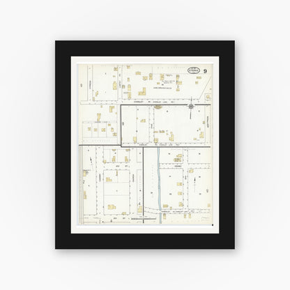 Old map wall art mockup — black gallery frame with white mat — Sanborn Fire Insurance Map from Starke, Bradford County, Florida (1912), Sheet #0009