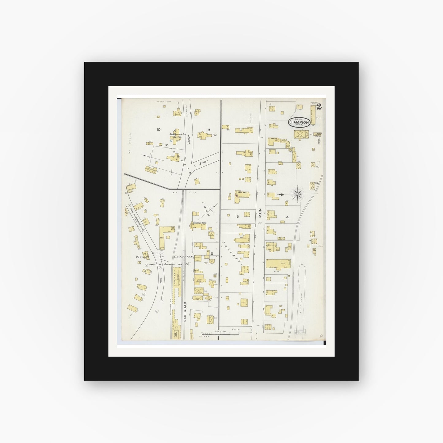 Old map wall art mockup — black gallery frame with white mat — Sanborn Fire Insurance Map from Champion, Marquette County, Michigan (1892), Sheet #0002