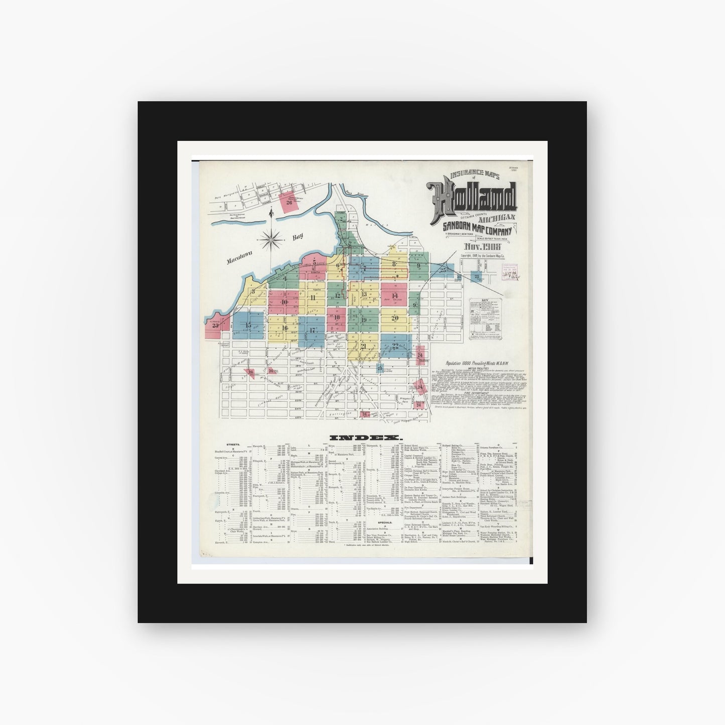 Old map wall art mockup — black gallery frame with white mat — Sanborn Fire Insurance Map from Holland, Ottawa County, Michigan (1908) - Complete Map Set