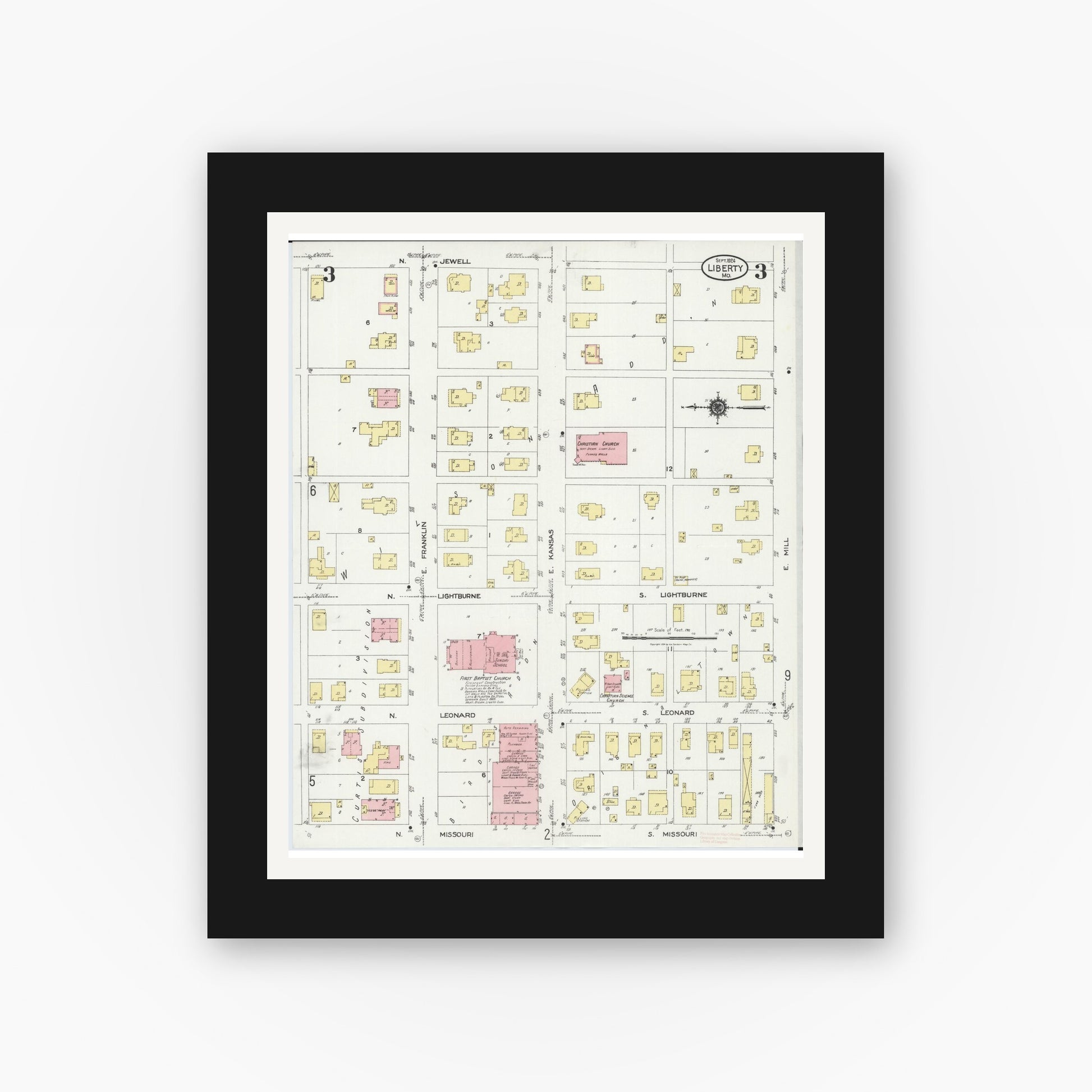 Old map wall art mockup — black gallery frame with white mat — Sanborn Fire Insurance Map from Leadwood, Saint Francois County, Missouri (1927), Sheet #0003