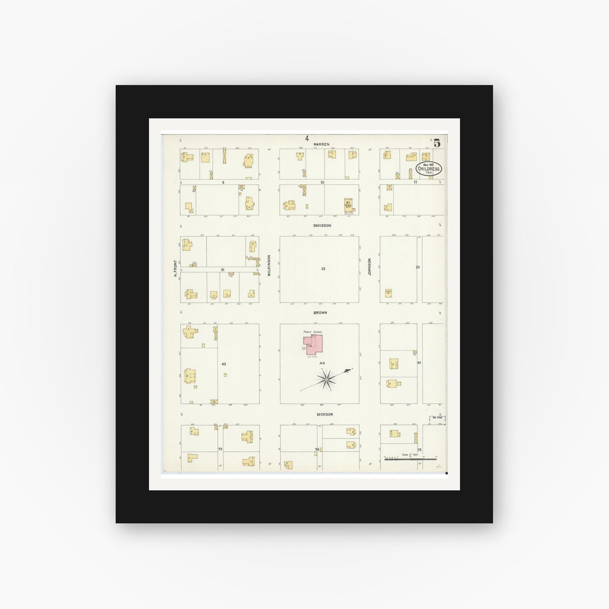 Old map wall art mockup — black gallery frame with white mat — Sanborn Fire Insurance Map from Childress, Childress County, Texas (1907), Sheet #0005